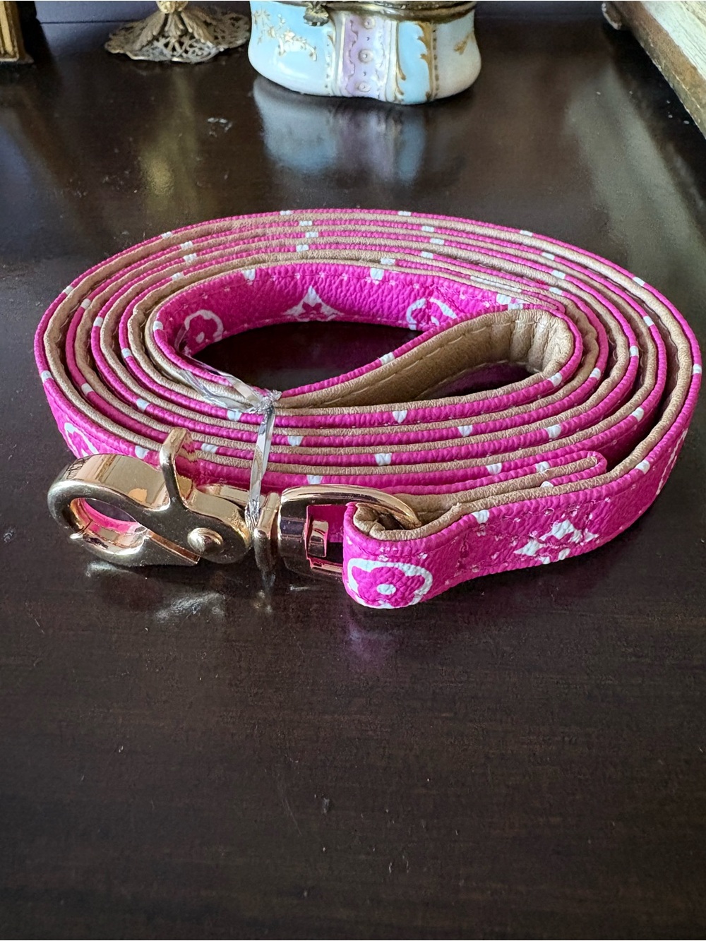 Pink Monogram Patterned Leather leash with Gold Hardware